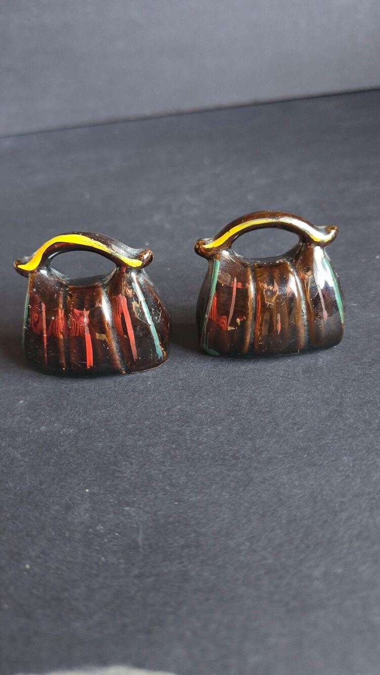 Vintage Japan Brown Ceramic Purse Salt Pepper Shakers Small Handbag Mid Century